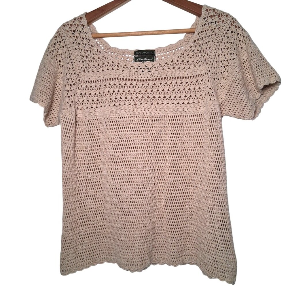 Eddie Bauer Hand Crocheted Sweater Shirt XL Tall Linen Cotton Open Knit Tan
